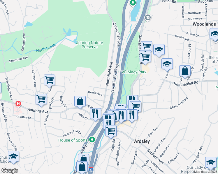 map of restaurants, bars, coffee shops, grocery stores, and more near 3 Sandrock Avenue in Dobbs Ferry