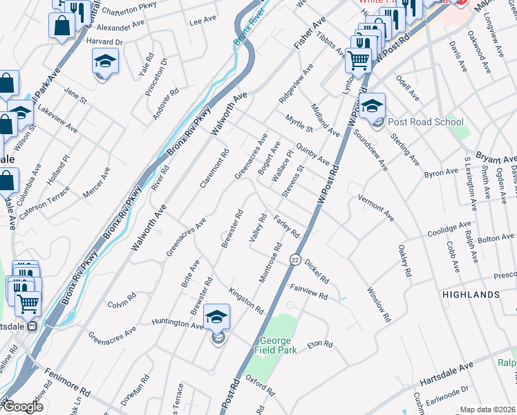 map of restaurants, bars, coffee shops, grocery stores, and more near 29 Valley Road in Scarsdale