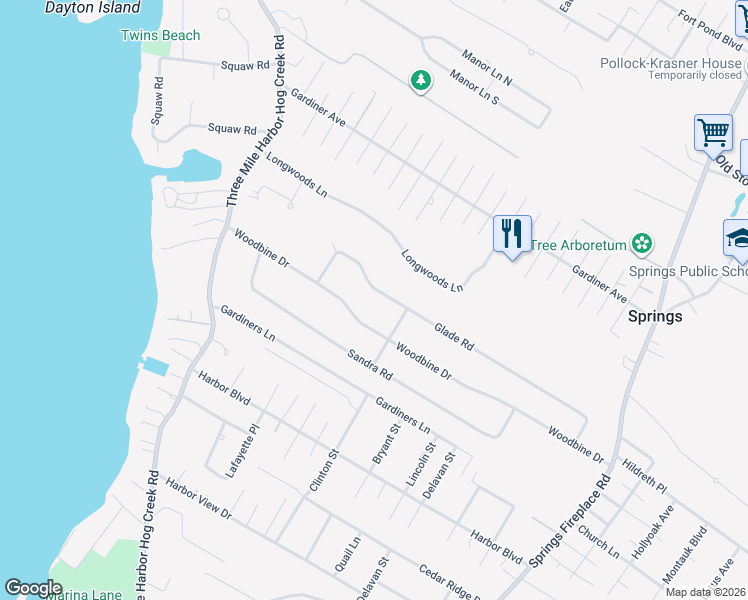 map of restaurants, bars, coffee shops, grocery stores, and more near 87 Woodbine Drive in East Hampton