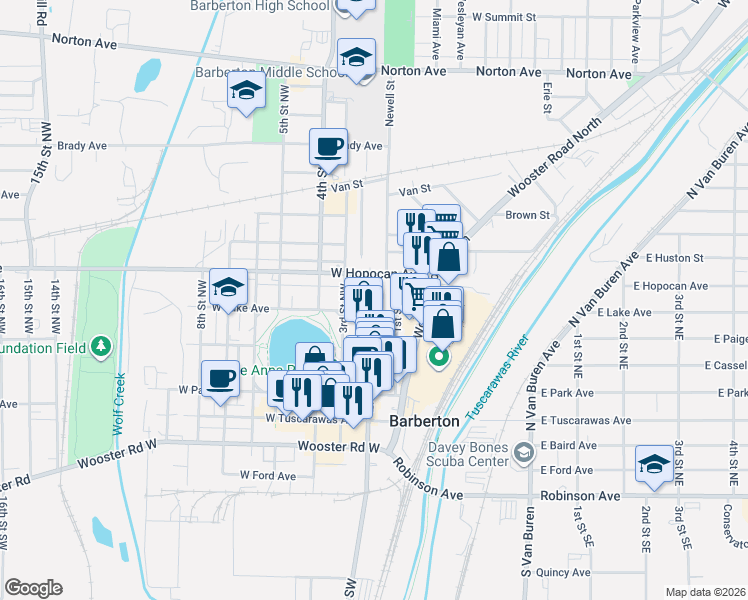 map of restaurants, bars, coffee shops, grocery stores, and more near 254 2nd Street Northwest in Barberton
