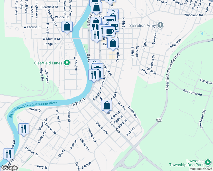 map of restaurants, bars, coffee shops, grocery stores, and more near 414 South 3rd Street in Clearfield