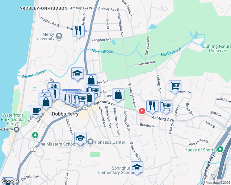 map of restaurants, bars, coffee shops, grocery stores, and more near 69 Maple Street in Dobbs Ferry