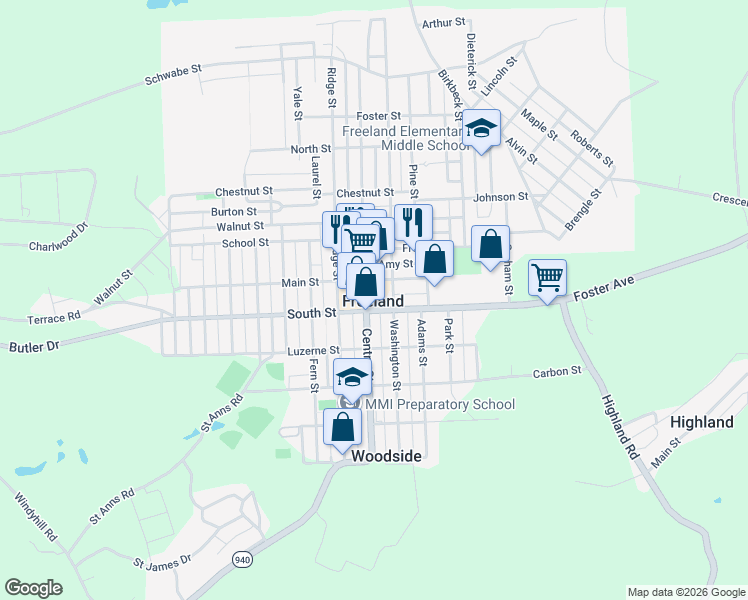map of restaurants, bars, coffee shops, grocery stores, and more near in Freeland