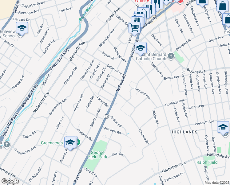 map of restaurants, bars, coffee shops, grocery stores, and more near 294 West Post Road in White Plains