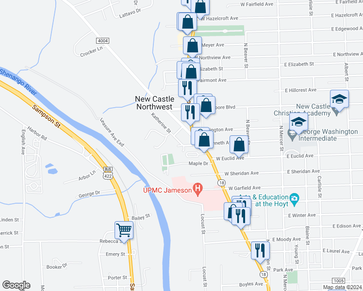 map of restaurants, bars, coffee shops, grocery stores, and more near 402 Kenneth Avenue in New Castle Northwest