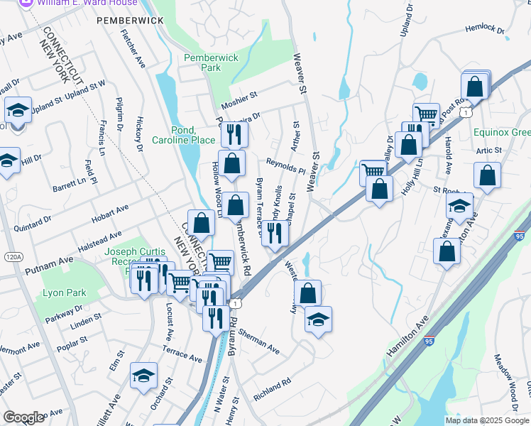 map of restaurants, bars, coffee shops, grocery stores, and more near 45 Byram Terrace Drive in Greenwich