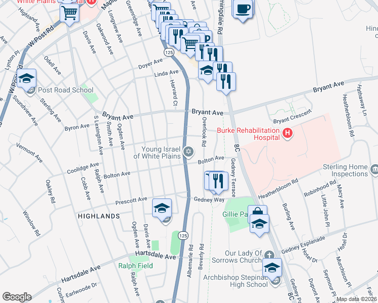 map of restaurants, bars, coffee shops, grocery stores, and more near 119 New York 125 in White Plains