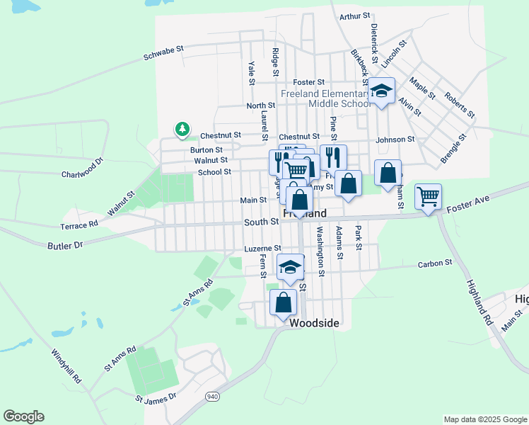 map of restaurants, bars, coffee shops, grocery stores, and more near 604 Fern St in Freeland