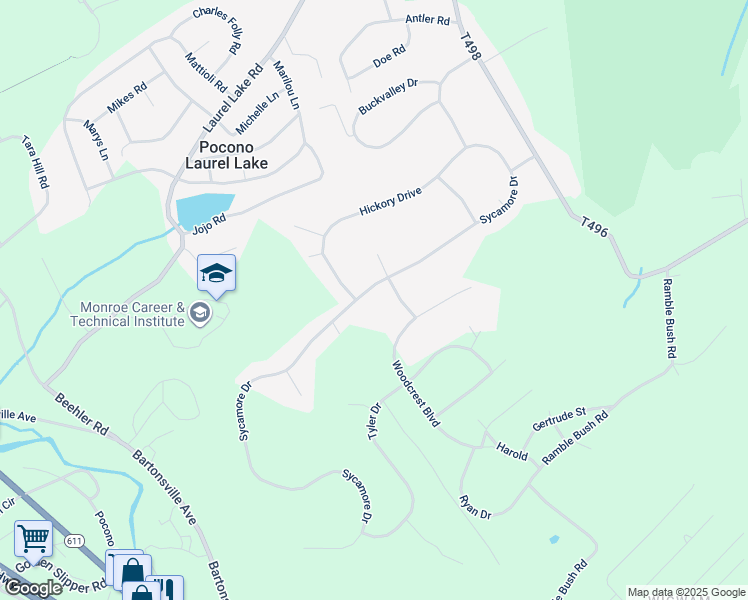 map of restaurants, bars, coffee shops, grocery stores, and more near 206 Sycamore Drive in East Stroudsburg