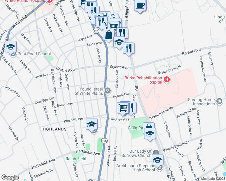map of restaurants, bars, coffee shops, grocery stores, and more near 87 Stratford Avenue in White Plains