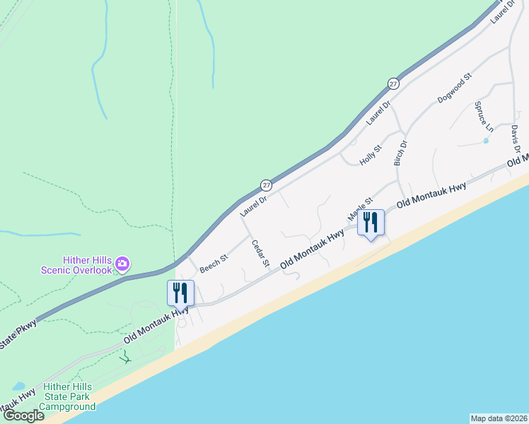 map of restaurants, bars, coffee shops, grocery stores, and more near 6 Laurel Drive in Montauk