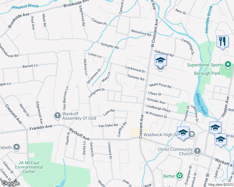 map of restaurants, bars, coffee shops, grocery stores, and more near 17 Pineview Drive in Waldwick