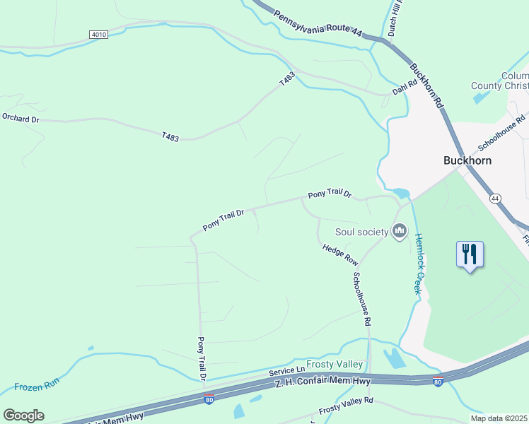 map of restaurants, bars, coffee shops, grocery stores, and more near 65 Pony Trail Drive in Bloomsburg
