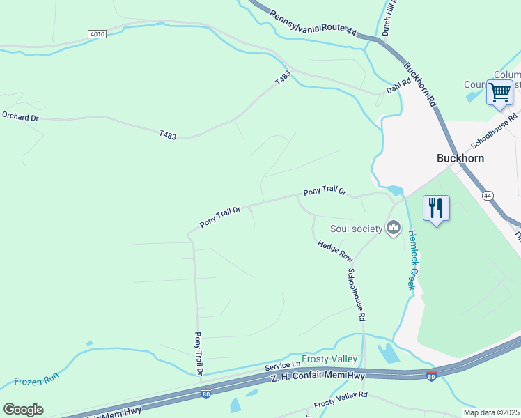 map of restaurants, bars, coffee shops, grocery stores, and more near 65 Pony Trail Drive in Bloomsburg