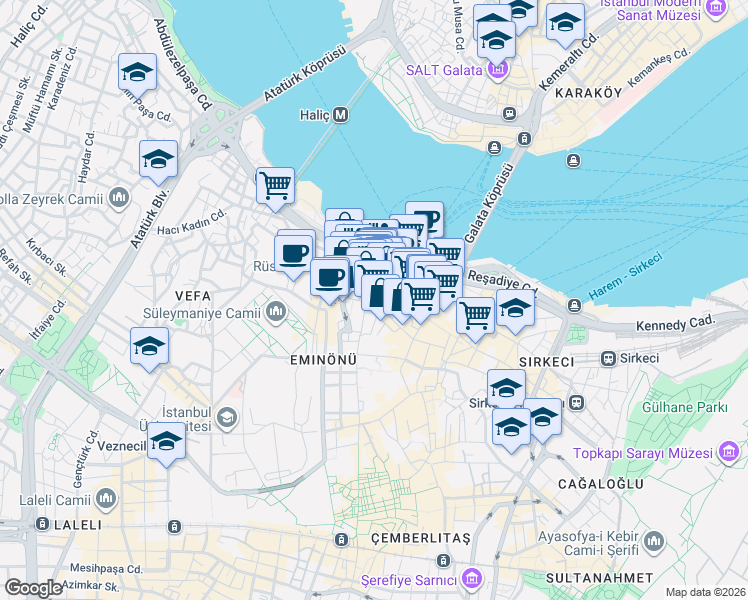 map of restaurants, bars, coffee shops, grocery stores, and more near 7 Atmeydanı Caddesi in Fatih