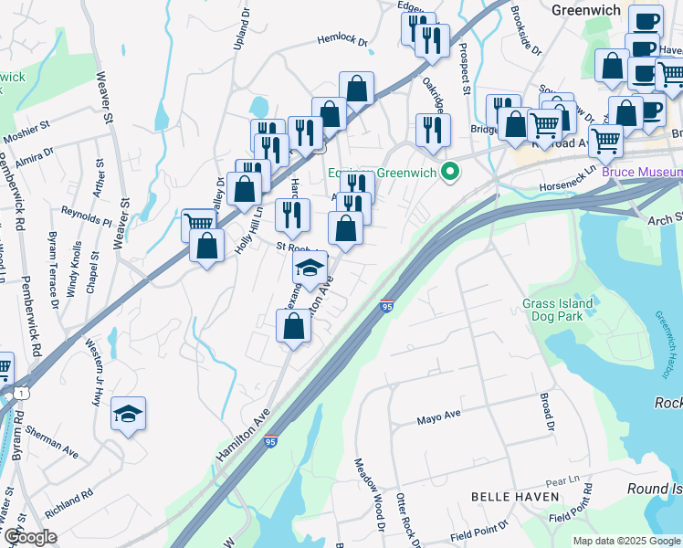 map of restaurants, bars, coffee shops, grocery stores, and more near 199 Hamilton Avenue in Greenwich