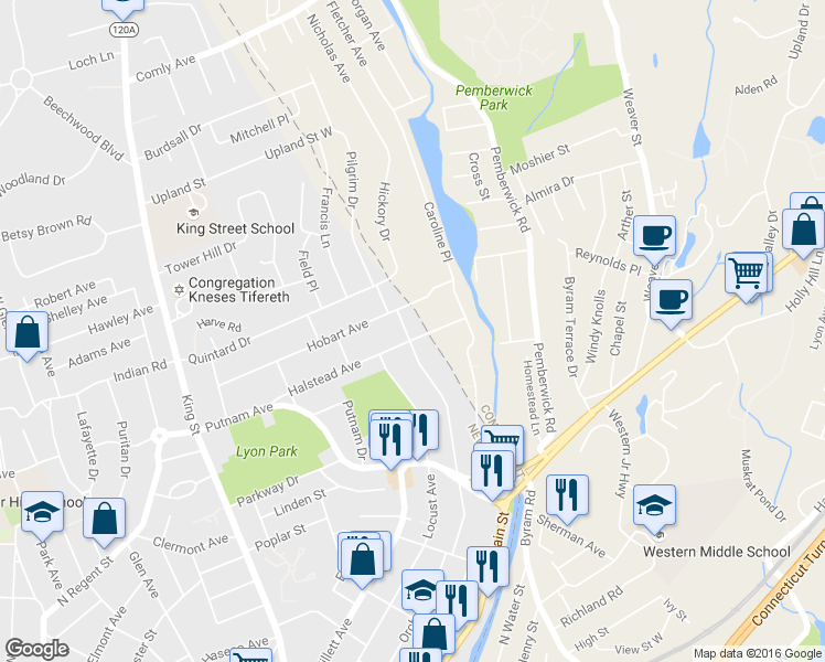 map of restaurants, bars, coffee shops, grocery stores, and more near 179 Hobart Avenue in Greenwich