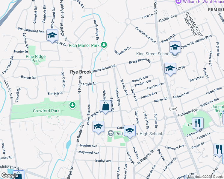 map of restaurants, bars, coffee shops, grocery stores, and more near 29 Sylvan Road in Port Chester