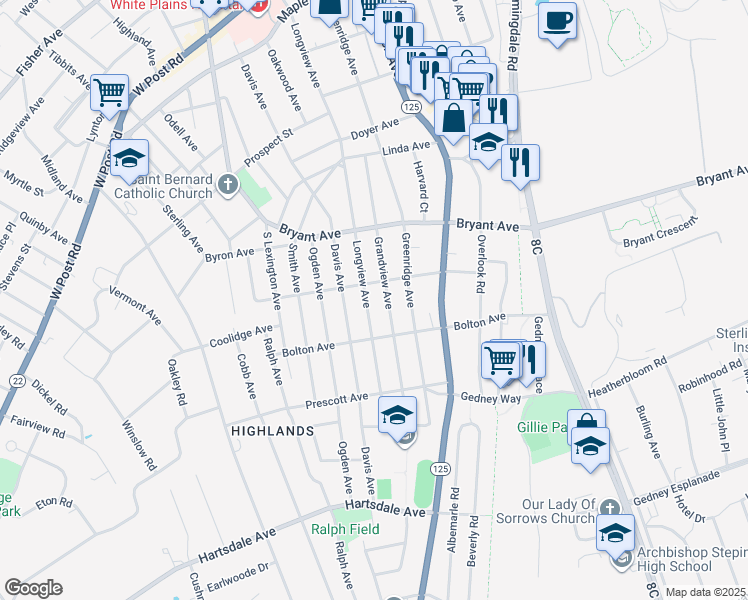 map of restaurants, bars, coffee shops, grocery stores, and more near 56 Grandview Avenue in White Plains
