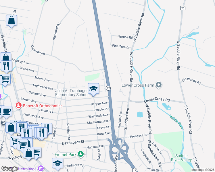 map of restaurants, bars, coffee shops, grocery stores, and more near 2350 New Jersey 17 in Saddle River