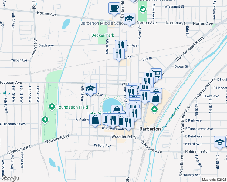 map of restaurants, bars, coffee shops, grocery stores, and more near 570 West Hopocan Avenue in Barberton