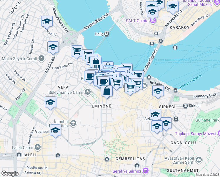 map of restaurants, bars, coffee shops, grocery stores, and more near 4 Yüksekler Sokak in Fatih