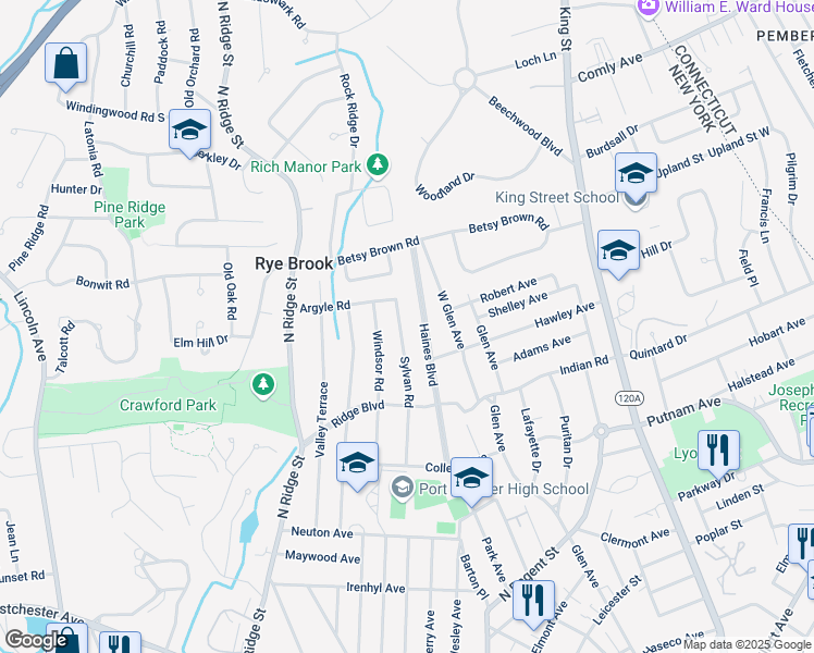 map of restaurants, bars, coffee shops, grocery stores, and more near 29 Sylvan Road in Port Chester