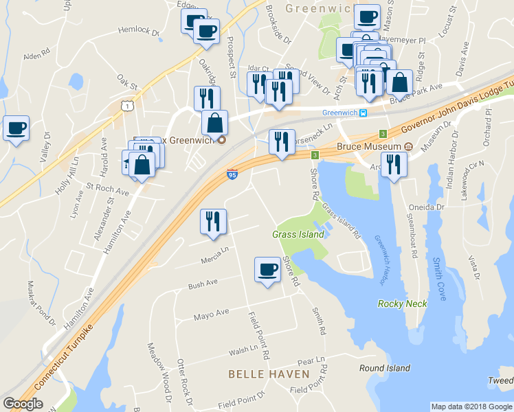 map of restaurants, bars, coffee shops, grocery stores, and more near 12 Intervale Place in Greenwich
