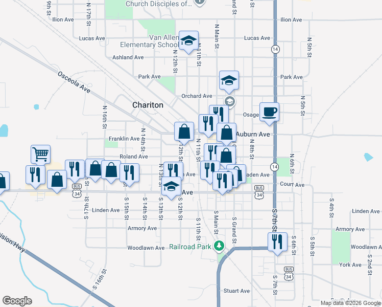 map of restaurants, bars, coffee shops, grocery stores, and more near in Chariton