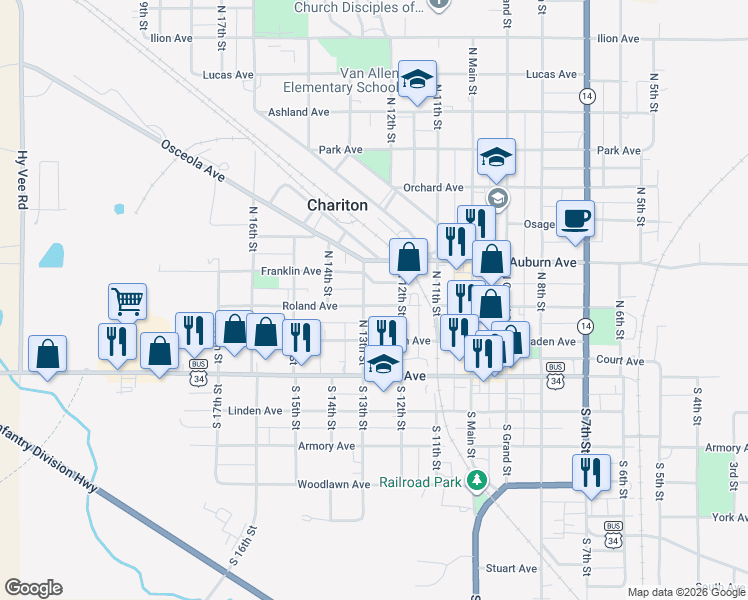 map of restaurants, bars, coffee shops, grocery stores, and more near 321 North 12th Street in Chariton