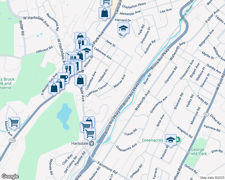 map of restaurants, bars, coffee shops, grocery stores, and more near 63 Mercer Avenue in Hartsdale