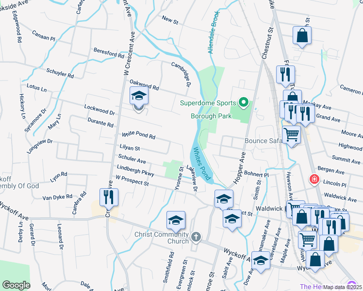 map of restaurants, bars, coffee shops, grocery stores, and more near 57 White Pond Road in Waldwick