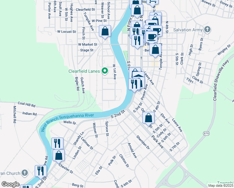 map of restaurants, bars, coffee shops, grocery stores, and more near 412 West 1st Avenue in Clearfield