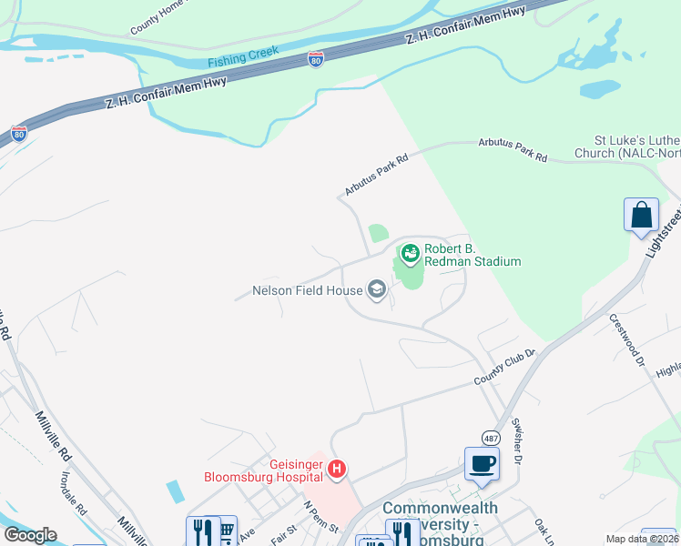 map of restaurants, bars, coffee shops, grocery stores, and more near 400 East 2nd Street in Bloomsburg