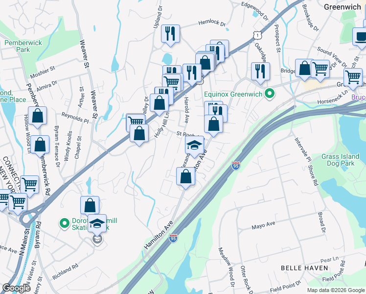 map of restaurants, bars, coffee shops, grocery stores, and more near 26 Saint Roch Avenue in Greenwich