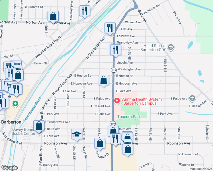 map of restaurants, bars, coffee shops, grocery stores, and more near 409 East Hopocan Avenue in Barberton