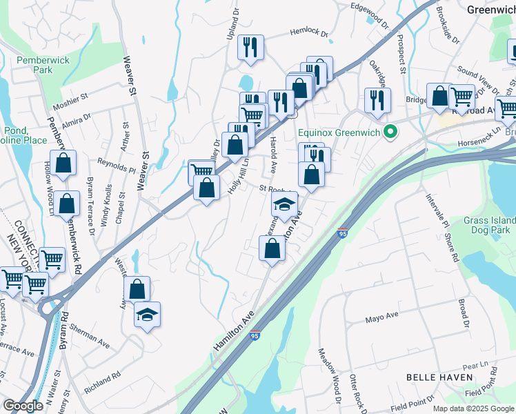 map of restaurants, bars, coffee shops, grocery stores, and more near 26 Saint Roch Avenue in Greenwich