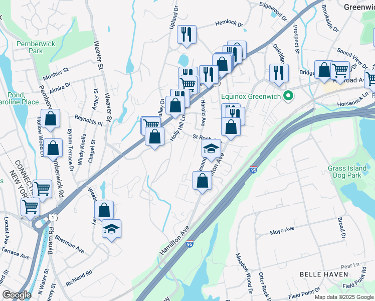 map of restaurants, bars, coffee shops, grocery stores, and more near 26 Saint Roch Avenue in Greenwich