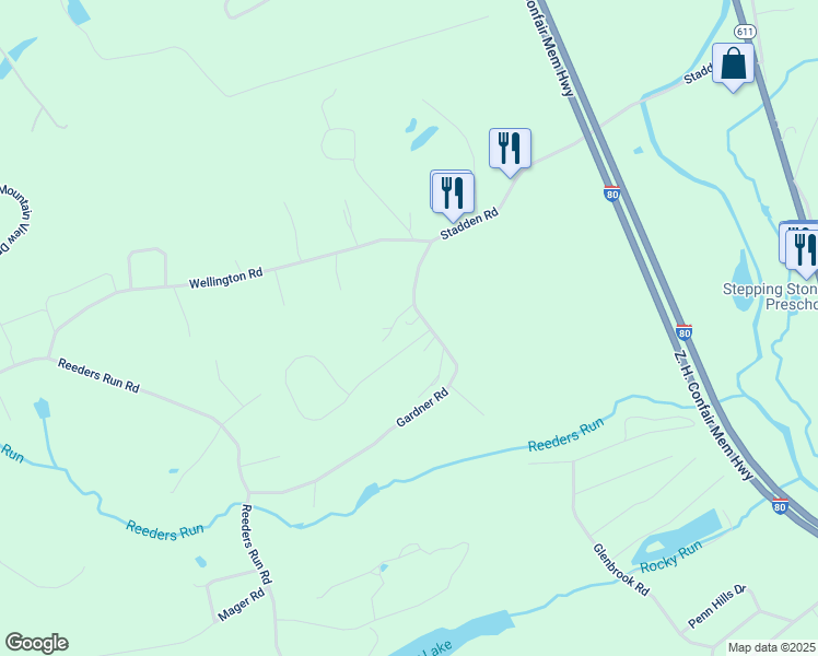 map of restaurants, bars, coffee shops, grocery stores, and more near Lilac Lane in Stroudsburg