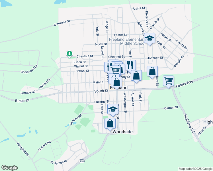 map of restaurants, bars, coffee shops, grocery stores, and more near 841 Main Street in Freeland
