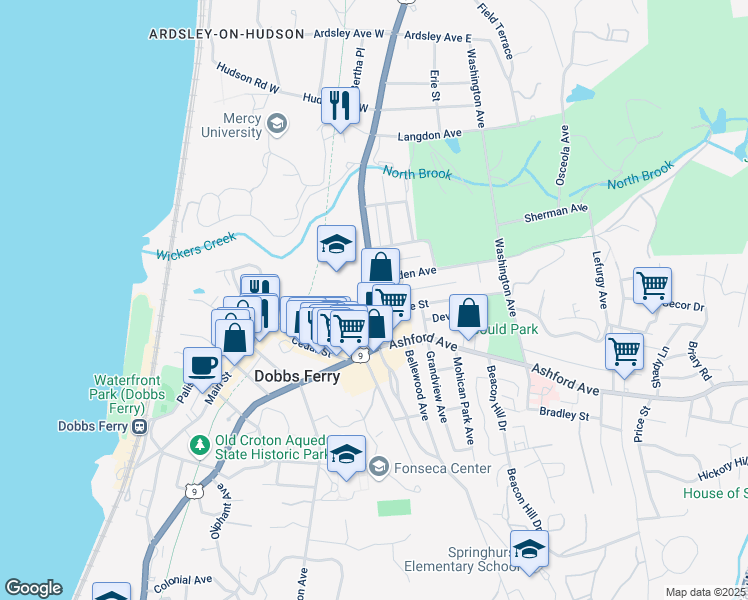 map of restaurants, bars, coffee shops, grocery stores, and more near 465 Broadway in Dobbs Ferry