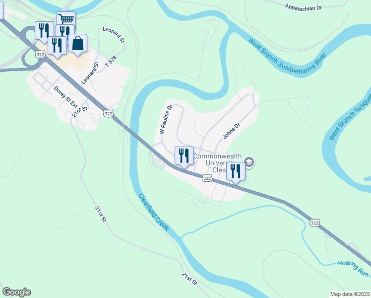 map of restaurants, bars, coffee shops, grocery stores, and more near 108 West Pauline Drive in Clearfield