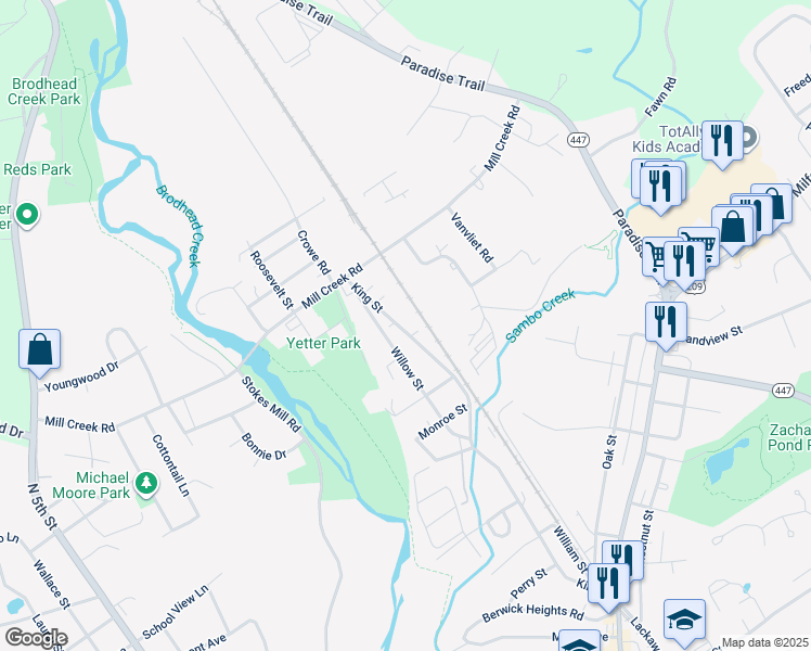 map of restaurants, bars, coffee shops, grocery stores, and more near 420 King Street in East Stroudsburg