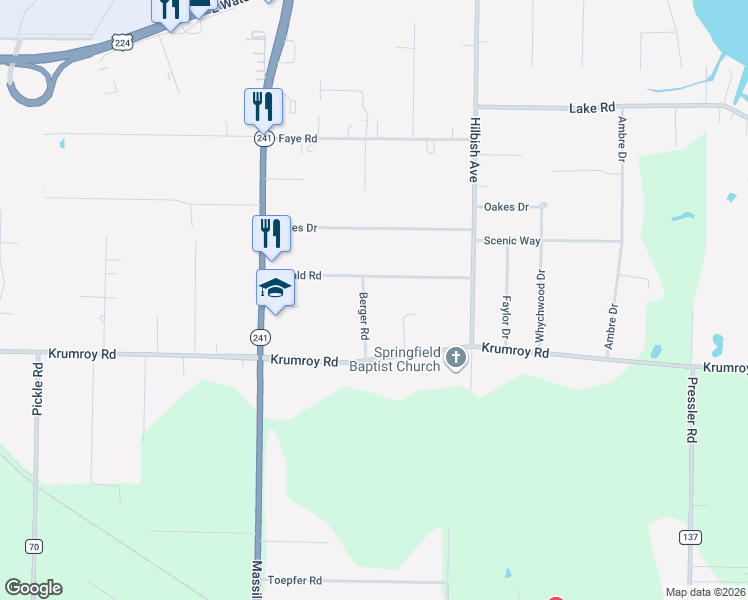 map of restaurants, bars, coffee shops, grocery stores, and more near 1830 Ronald Road in Akron