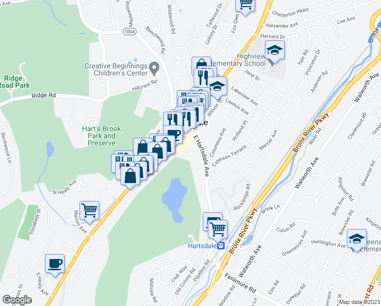 map of restaurants, bars, coffee shops, grocery stores, and more near 50 East Hartsdale Avenue in Hartsdale