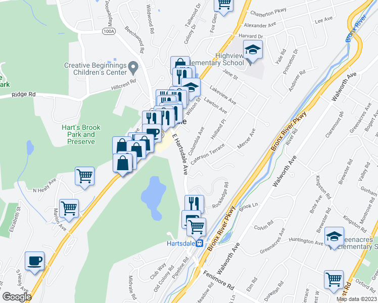 map of restaurants, bars, coffee shops, grocery stores, and more near 11 Columbia Avenue in Hartsdale
