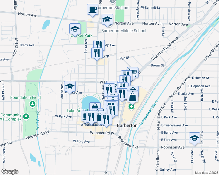 map of restaurants, bars, coffee shops, grocery stores, and more near 500 West Hopocan Avenue in Barberton