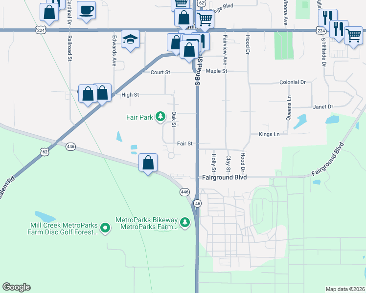 map of restaurants, bars, coffee shops, grocery stores, and more near 300 Fair Street in Canfield