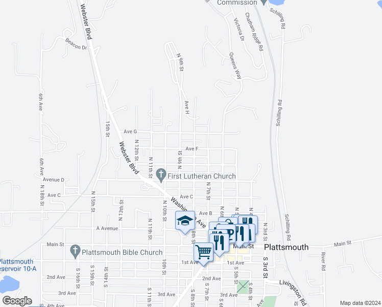 map of restaurants, bars, coffee shops, grocery stores, and more near 616 North 8th Street in Plattsmouth