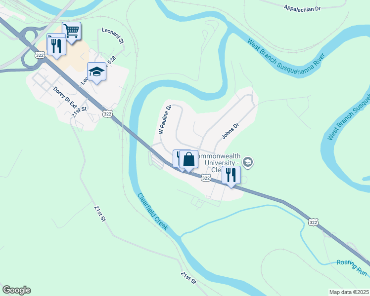 map of restaurants, bars, coffee shops, grocery stores, and more near 108 West Pauline Drive in Clearfield
